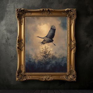Moody Flying Crane Painting, Japanese Crane Print, Muted Gold Tones, Antique Japan Bird Painting, Modern Japanese Wall Art, Wildflowers