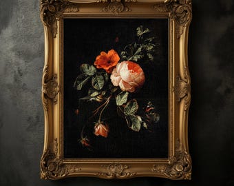 Vintage Rose Painting Print, Elias van den Broeck, Dark Academia Art