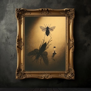 Moody Bug and Lantern Print, Vintage Insect Poster, Dark Academia Print, Dark Aesthetics, Insects Wall Art, Antique Wildflowers Art