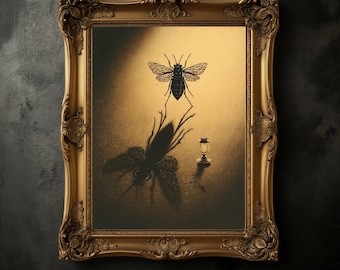 Vintage Bug and Lantern Print, Dark Academia Insects Wall Art
