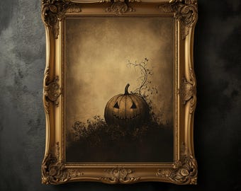 Op de afbeelding: Een ingelijst kunstwerk met Halloween-thema. De goudkleurige, sierlijke lijst omringt een sepia-afbeelding van een uitgesneden pompoen met een lachend gezicht, tegen een donkere achtergrond. De pompoen staat op donker gebladerte.