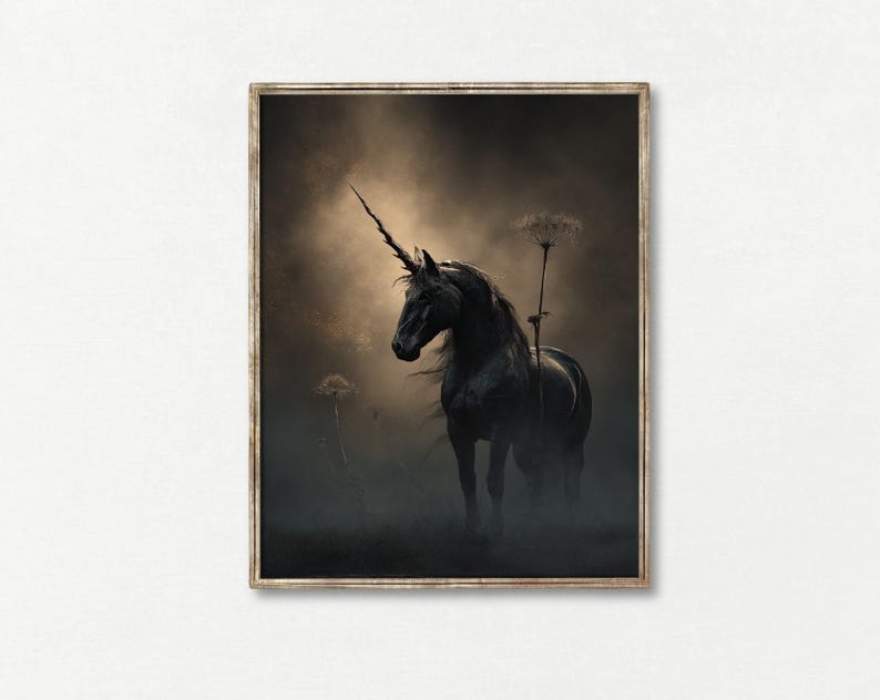 May include: A black unicorn with a long horn stands in a misty field with tall, dried flowers. The unicorn is silhouetted against a dark background.