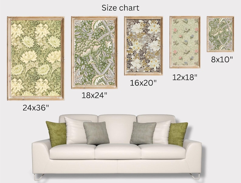 Pu&ograve; includere: Una tabella delle dimensioni che mostra cinque stampe artistiche rettangolari incorniciate con motivi floreali nei toni del verde, crema e marrone. Le misure sono 24x36, 18x24, 16x20, 12x18 e 8x10 pollici, sopra un divano bianco.
