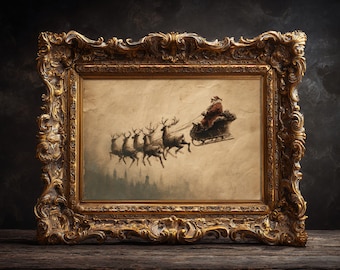 Vintage Santa Sleigh Print, Rustic Christmas Wall Decor