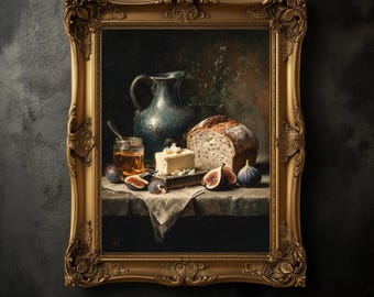 Vintage Still Life Print, Dark Academia, Figs, Bread & Butter