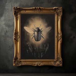 Moody Scarab Beetle Print, Vintage Insect Poster, Dark Academia Print, Dark Aesthetics, Insects Wall Art, Antique Wildflowers Art, Scarab