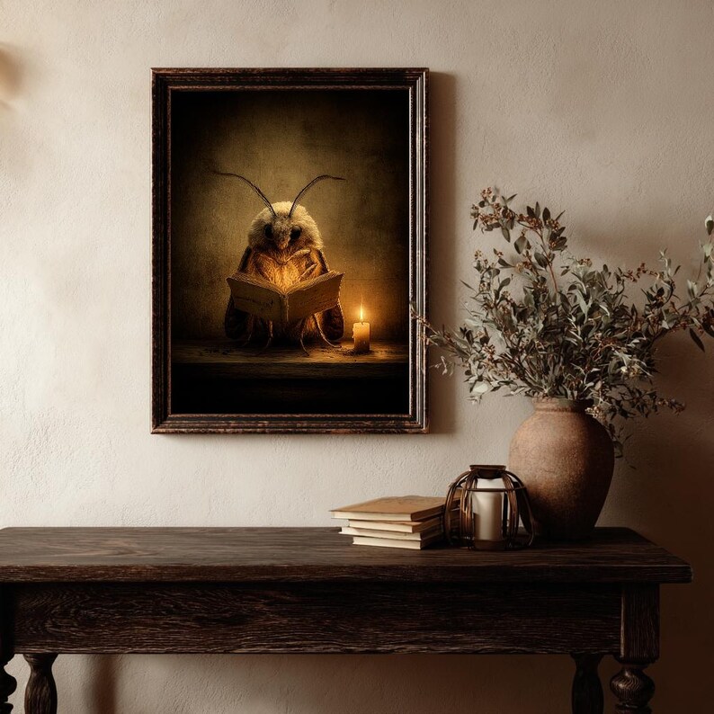 Moth Reading Book Print, Dark Academia Wall Art, Vintage Insect Poster ...