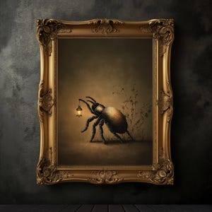 May include: A framed artwork featuring a large insect holding a lantern. The insect is brown and black, with detailed legs and a rounded body. The lantern glows with a warm light. The ornate gold frame adds a classic touch to the artwork.