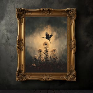 Moody Flying Crane Painting, Japanese Crane Print, Muted Gold Tones, Antique Japan Bird Painting, Modern Japanese Wall Art, Wildflowers