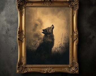 Stimmungsvoller Wolf Kunstdruck, Dark Academia, Vintage Halloween Dekor