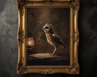 Moody Owl with Spectacles Print, Vintage Dark Academia Wall Art