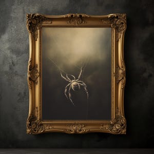 Moody Spider Dangling From a Web Print, Vintage Spider Poster, Dark Academia Print, Dark Aesthetics, Spider Wall Art, Antique Oil Painting