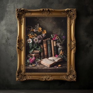 Moody Wildflowers and Book Print, Vintage Floral Poster, Dark Academia Print, Dark Aesthetics, Floral Wall Art, Antique Oil Painting