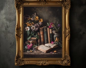 Vintage Floral and Book Print, Dark Academia Wall Art