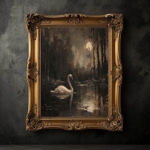 Impresión de un cisne melancólico en el lago, póster vintage de un cisne, impresión de Dark Academia, estética oscura, arte mural de pájaros, pintura al óleo antigua, paisaje
