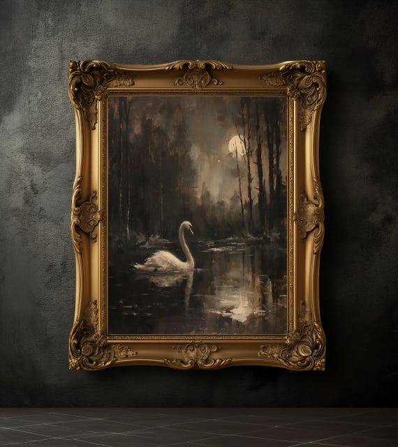 Moody Swan in The Lake Print, Vintage Swan Poster, Dark Academia Print, Dark Aesthetics, Birds Wall Art, Antique Oil Painting, Landscape
