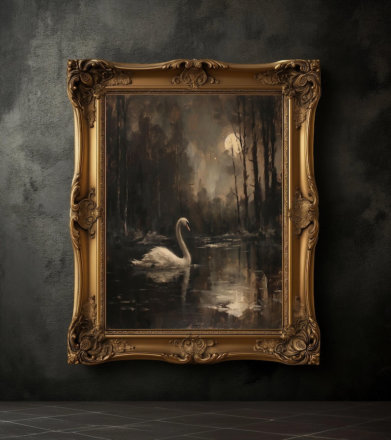 May include: A framed painting of a white swan swimming in a dark, misty forest with a full moon in the background.