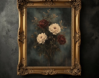 Moody Rose Bouquet Print, Vintage Floral Wall Art, Dark Academia