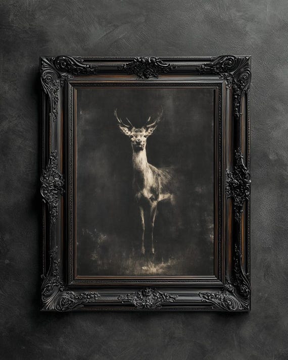 A Deer in the Dark Print, Vintage Deer Poster, Dark Academia, Dark Aesthetics, Cottage-core Art, Gothic Romantic Wall Art, Deer Wall Art