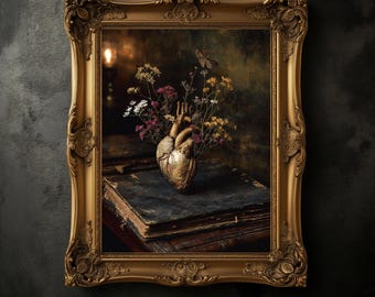 Heart Bouquet Dried Flowers Vintage Print, Dark Academia Floral Poster