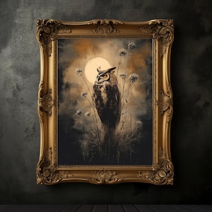 May include: A framed painting of a great horned owl perched on a branch in a moonlit forest. The owl is brown and gray with yellow eyes. The background is a dark forest with a full moon in the sky.