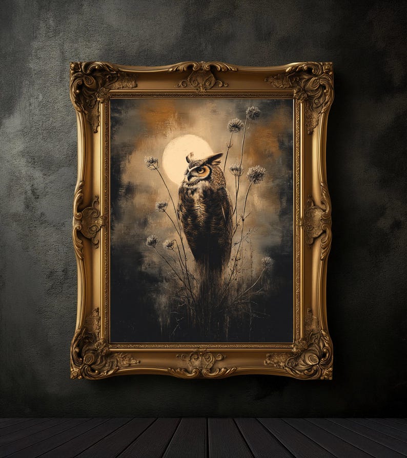 May include: A framed painting of a great horned owl perched on a branch in a moonlit forest. The owl is brown and gray with yellow eyes. The background is a dark forest with a full moon in the sky.