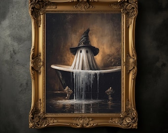 Vintage Halloween Ghost Print, Witch Hat, Moody Bathroom Art