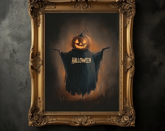 Op de afbeelding: Een ingelijst Halloween-kunstwerk. De afbeelding toont een pompoenhoofd op een donkere figuur met uitgestrekte armen. Het woord "HALLOWEEN" staat op de borst van de figuur. Het frame is sierlijk en goudkleurig.