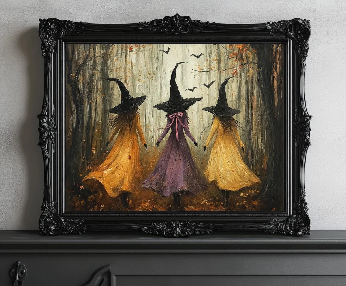 Three Witches Halloween Print, Vintage Witch Poster, Dark Academia