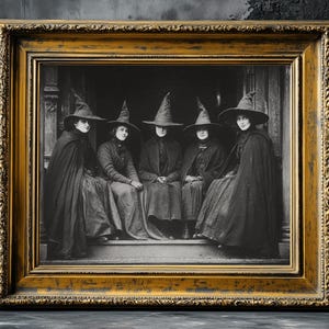 May include: A framed black and white print depicting five people in witch hats and cloaks. The image is set in a gold ornate frame, creating a vintage aesthetic. Ideal for Halloween or gothic-themed decor.