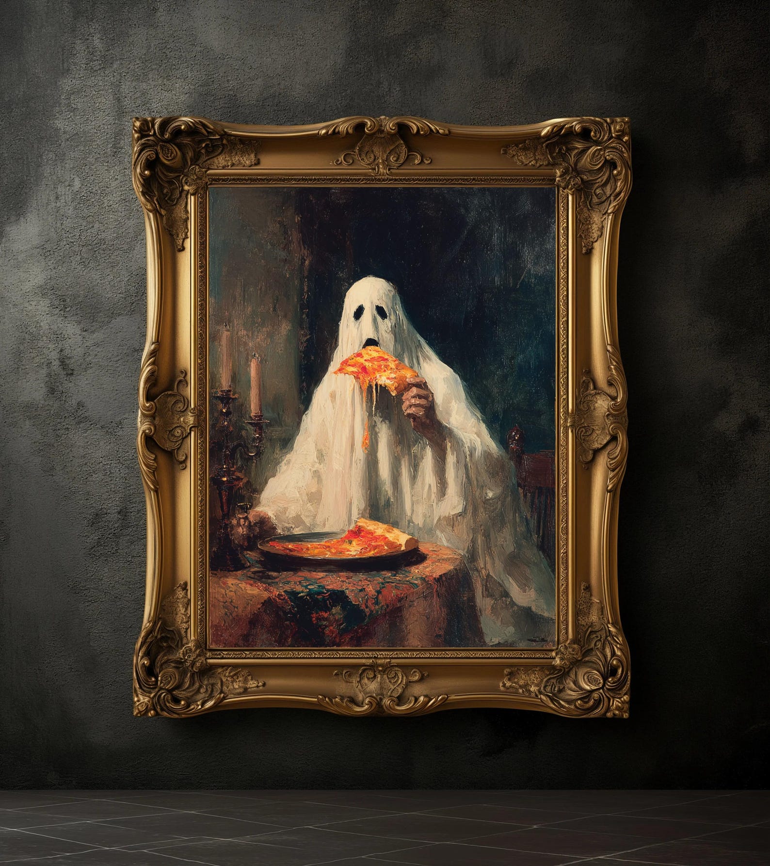 Vintage Ghost Eating Pizza Art Print, Dark Academia Halloween Decor - Etsy
