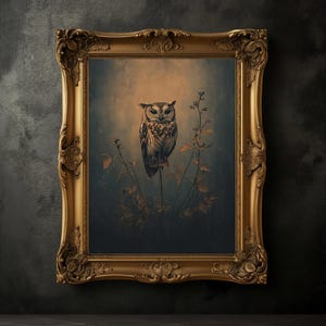 Moody Owl Print, Vintage Bird Poster, Dark Academia Print, Dark Aesthetics, Wildflowers Wall Art, Antique Oil Painting, Botanical Art