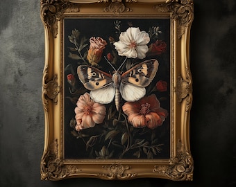 Ćma i kwiaty, wydruk vintage, Dark Academia Botanical Art