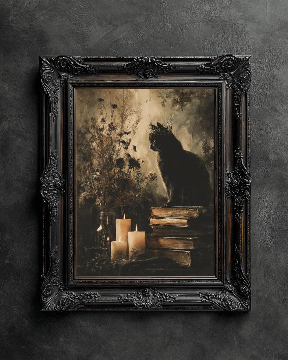 Black Crowned Cat Vintage Print, Dark Academia Flower Wall Art - Etsy