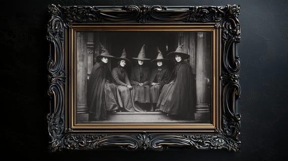 Black and White Five Witches Print, Vintage Witch Poster, Dark Academia Print, Dark Aesthetics, Wall Art, Halloween Spooky Art, Witch Photo