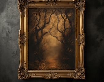 Vintage print donker bos, humeurige natuurmuurkunst