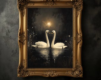 Vintage Swan Art Print, Moody Bird Poster, Dark Color Wall Decor