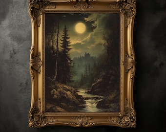 Moody Forest Print, Vintage Dark Academia Landscape, Antique Oil Painting