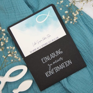 Einladung Taufe, Konfirmation, Kommunion – DinA6 Aquarell Blau Fisch | im Folder | Gedruckte Karte