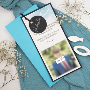 Dankeskarte Taufe, Konfirmation, Kommunion – Dinlang, 1-seitig, personalisiert mit Foto – Aquarell Türkis mit Fischsymbol