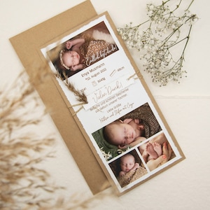 Danksagungskarte Geburt Boho – DinLang auf Kraftpapier mit Juteband & Trockenblume – personalisiert mit Foto