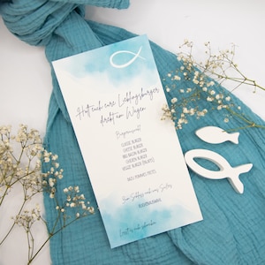 Menükarte Taufe, Konfirmation, Kommunion – Dinlang, 1-seitig, Aquarell Türkis mit Fischsymbol