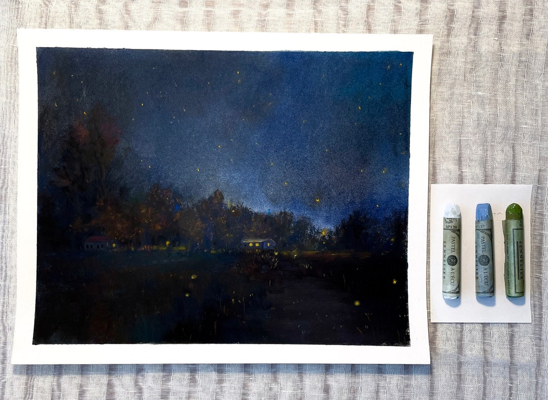 Night Landscape Drawing of a Clearing With Forest and House Etsy