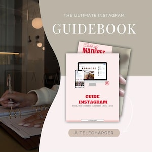 Peut inclure: Un guidebook rose et blanc avec le titre "The Ultimate Instagram Guidebook" et le texte "Guide Instagram" et "Doublez votre nombre de clients en moins d'un mois". Le guidebook contient également une table des matières et un bouton qui dit "Télécharger maintenant".