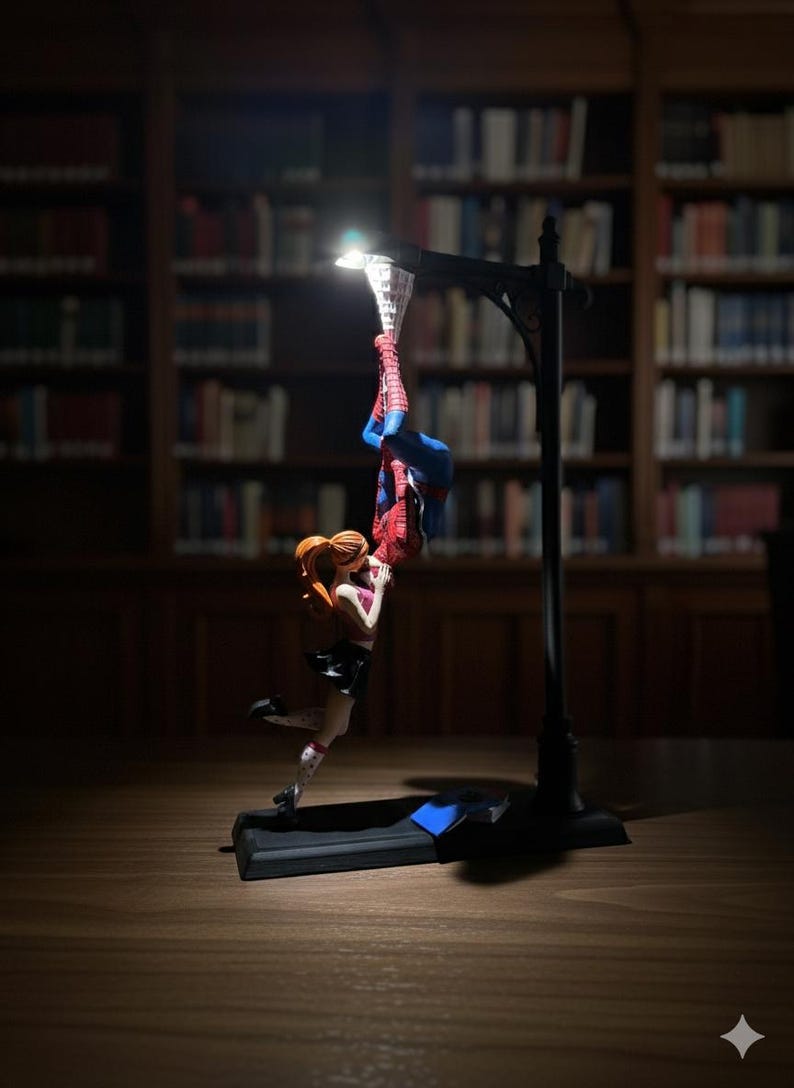 Peut inclure: Lampe d&eacute;corative repr&eacute;sentant Spiderman suspendu la t&ecirc;te en bas, avec une figurine de femme tendant les bras vers lui. La lampe a une base noire et un design de lampadaire, avec une lumi&egrave;re chaude &eacute;clairant les figurines. En arri&egrave;re-plan, une biblioth&egrave;que.