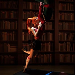 Peut inclure: Figurine repr&eacute;sentant une sc&egrave;ne de bande dessin&eacute;e. Une femme rousse en jupe noire embrasse une figurine en costume de Spider-Man, suspendue &agrave; l'envers. L'arri&egrave;re-plan est une biblioth&egrave;que avec des &eacute;tag&egrave;res remplies de livres.