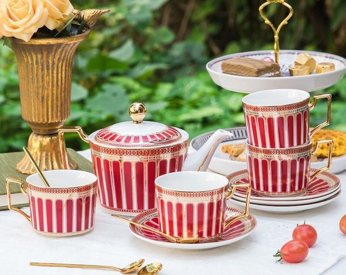 Red Ceramic Coffee Set, Exquisite Ceramic Tea Set, Handmade Tea Set, 1 Pot 4 Cups Saucer Set, Tea Party Tea Set, Gift for Her