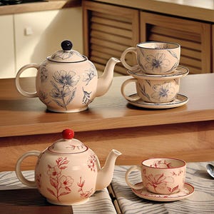 May include: Two tea sets with floral designs. One set features a cream-colored teapot and cups with blue floral patterns. The other set has a pink teapot and cup with red floral patterns. Both sets include teacups and saucers.