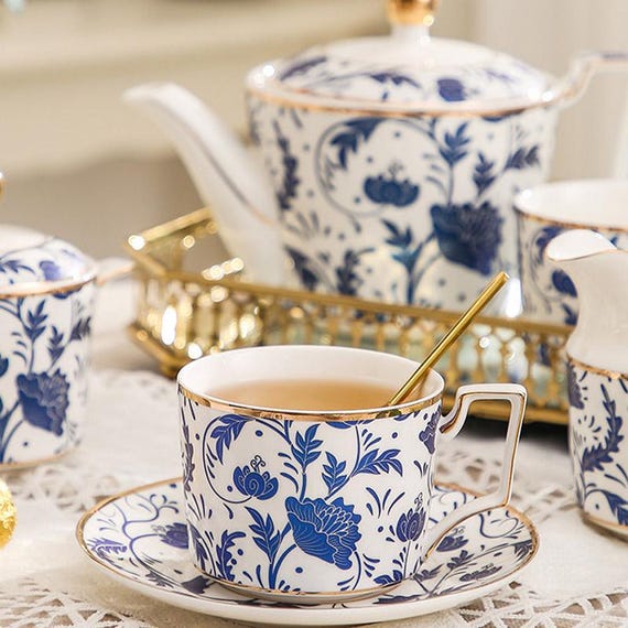 Juego De Té Individual De Porcelana - Diseño Búho Azul Y Blanco, Incluye Tetera, Taza Y Plato