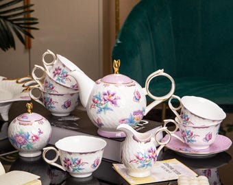 Light Luxury Ceramic Coffee Set, Floral Ceramic Tea Set,European Afternoon Tea Set,Black Tea Cup Coffee Cup Set,Teapot Tea Set,Birthday Gift